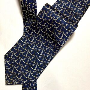 Van Heusen Jacquard Christmas Tree Silk Neck Ties Navy Blue Gold Embroidery 56”